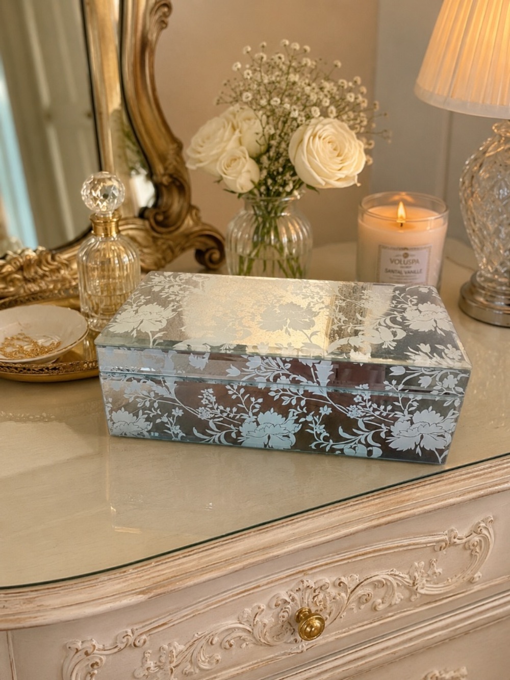 Floral Mirrored Glass Vanity Jewelry Storage Box